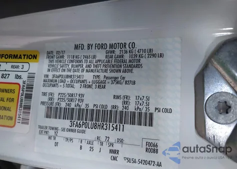 2017 Ford Fusion Hybrid Se z USA, uszkodzony, nr VIN 3FA6P0LU8HR315411